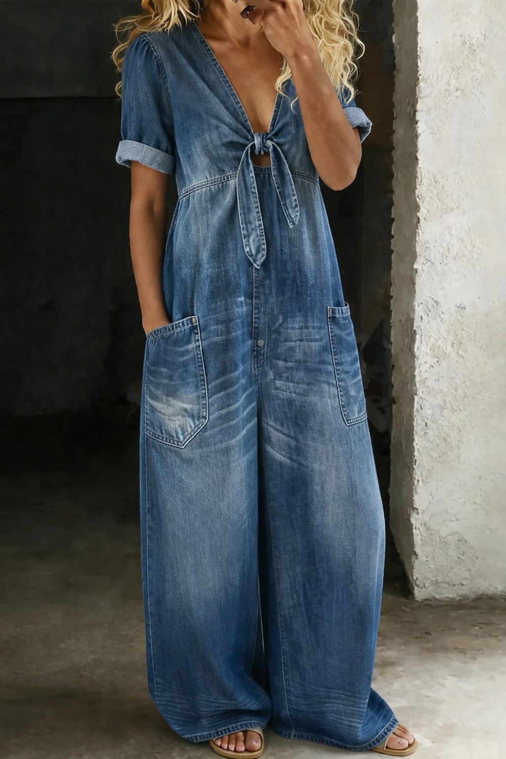 Maya - Relaxed Tie-Front Denim Jumpsuit
