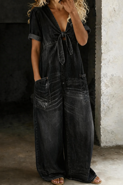 Maya - Relaxed Tie-Front Denim Jumpsuit